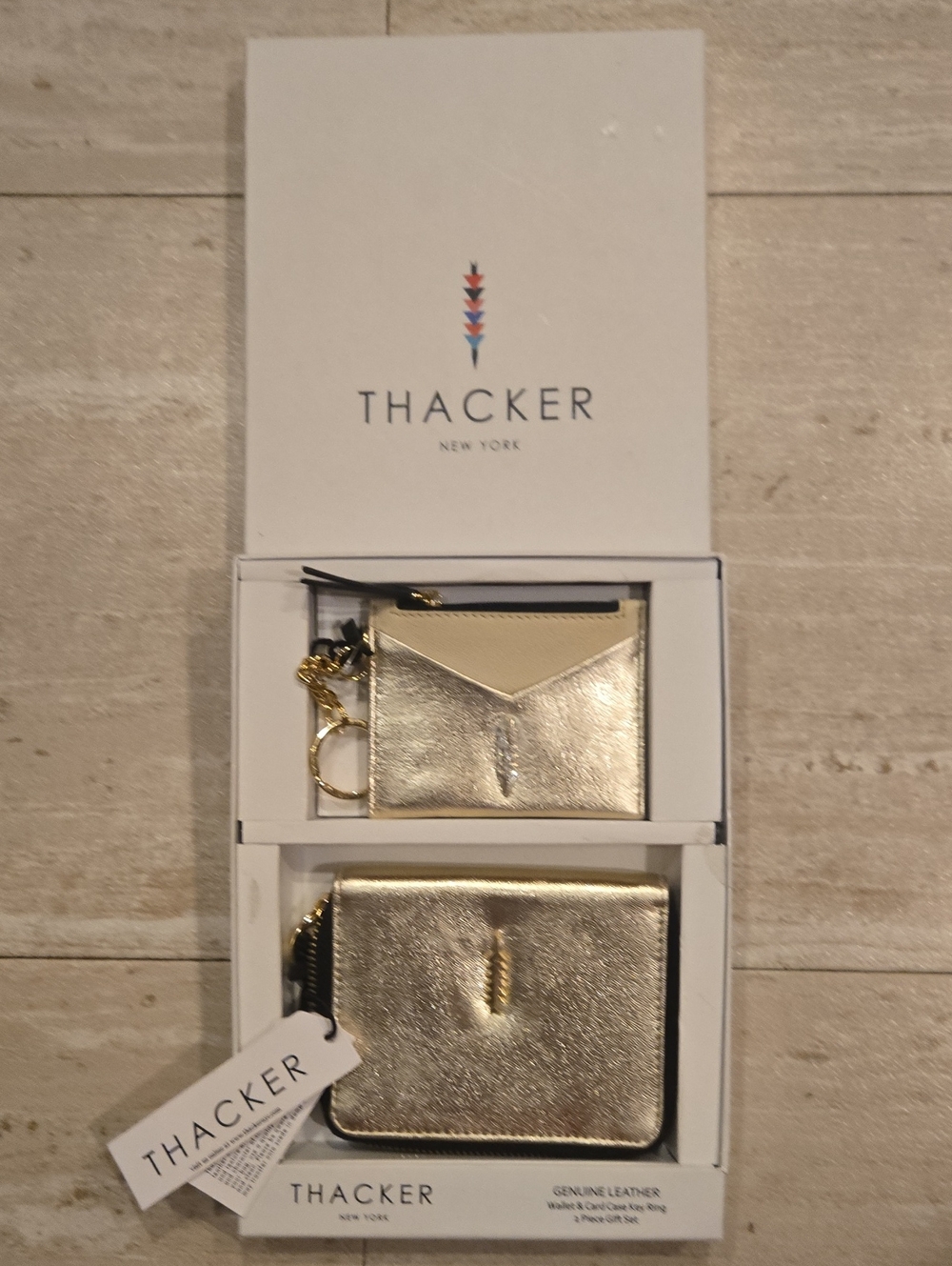 New Thacker Genuine Leather Gold Metallic Wallet & Card Case Key Ring
